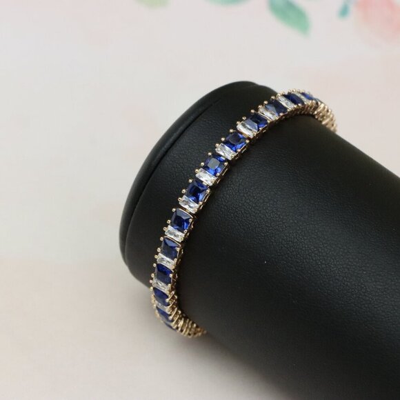 "Rose Gold Tennis Bracelet with Blue & White CZ, Elegant Sparkle Look, XPBL0741 - Picture 3 of 12